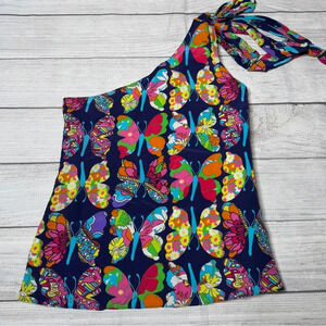 Lilly Pulitzer Roe One Shoulder Bow Blouse Silk Navy Out There Butterfly Size‎ 0